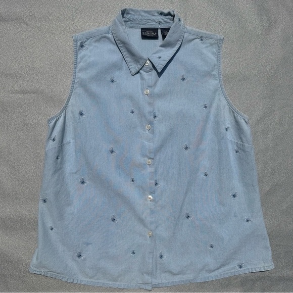 Sonoma Women’s Denim Embroidered Butterflies Sleeveless Button-up Shirt PL - Picture 1 of 5